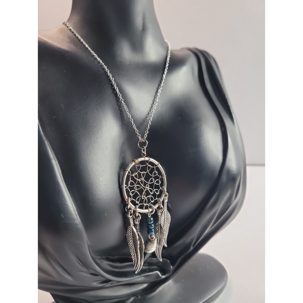 Dreamcatcher‎ Pendant Necklace Feather Charms Black Bead Boho Silver Tone